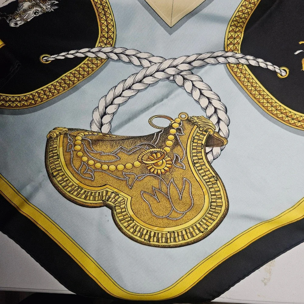 Hermes Grand‎ Apparat Silk Scarf Jacques Eudel Blue Black Gold Equestrian 16.5in